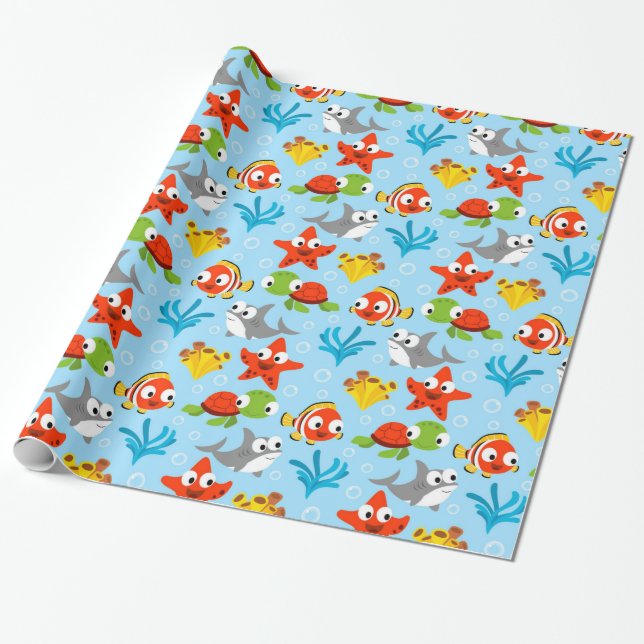 Fun farbenfroher Fisch Ozean Kindermuster Geschenkpapier (Ungerollt)