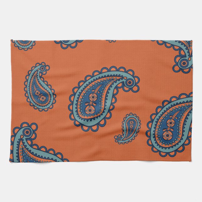 Fun farbiges Blau und Orange Paisley Muster Geschirrtuch (Horizontal)