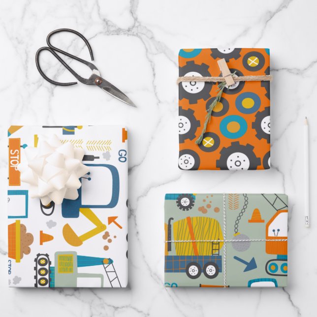 Fun-farbiges Digger Truck Muster Geschenkpapier Set (Vorderseite)