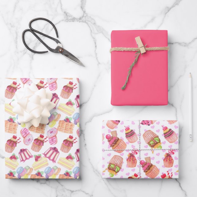 Fun farbiges Party Cupcakes und Konditorei Muster Geschenkpapier Set (Vorderseite)