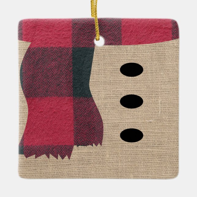 Fun Farmhouse Burlap Snowman Karierter Scarf & But Keramikornament (Vorderseite)