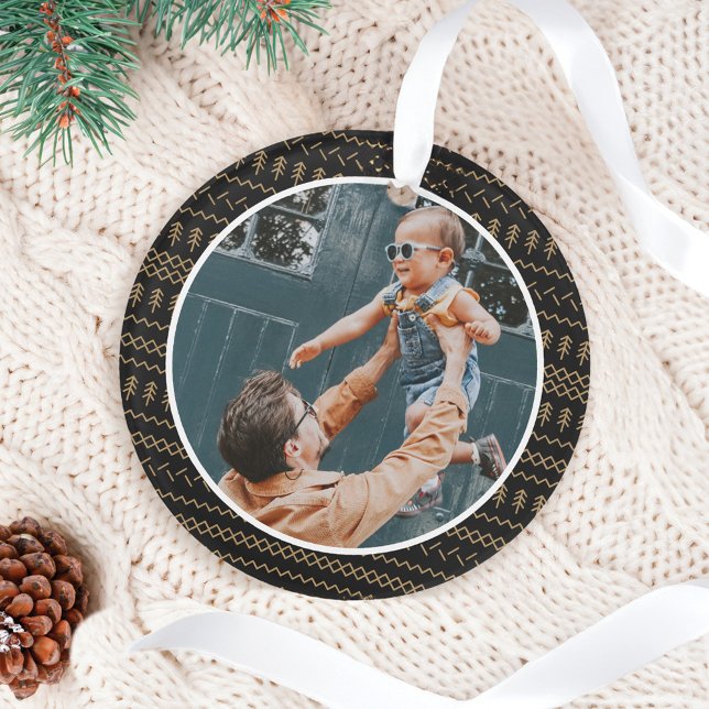 Fun festes schwarz gestepptes Muster Foto Ornament (Fun Festive Black Knitted Stitched Pattern Photo Ornament)