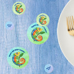 Fun Festival Birthday Lizard Bright Colors Leaf Konfetti<br><div class="desc">Diese Tafelkonfetti zum Geburtstag eines Kindes hat eine lustige festliche Eidechse mit großen Augen,  die ein grünes Blatt auf einem Stock halten. Er ist in kräftigen Orange-,  Gelb-,  Blau- und Grüntönen gehalten,  mit verschiedenen Hintergründen von Blues und Grauen. Passen Sie Ihren Text mit den Vorlagen an.</div>