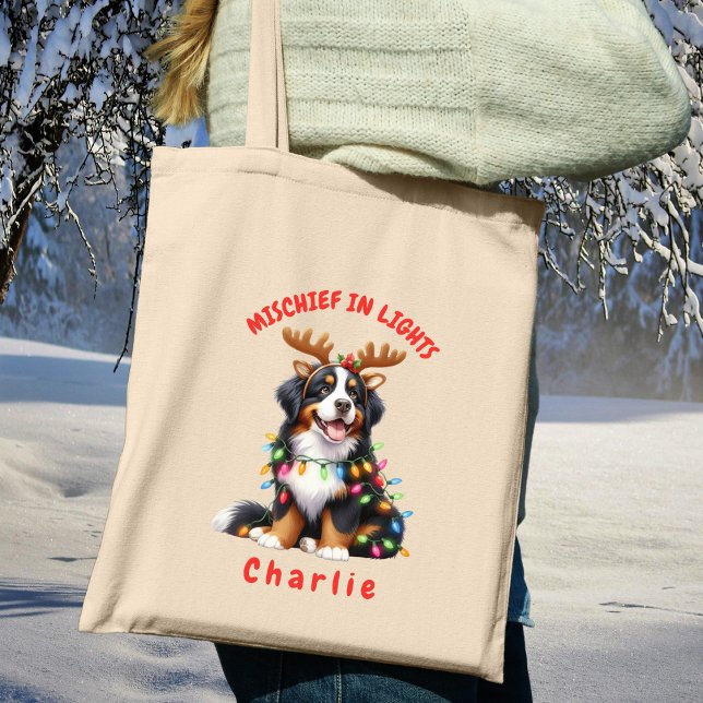 Fun Festive Lights Antlers Wasserfarbe Bernese Hun Tragetasche (Carry festive cheer with this custom fun Bernese dog tote bag. A perfect gift for dog lovers.)