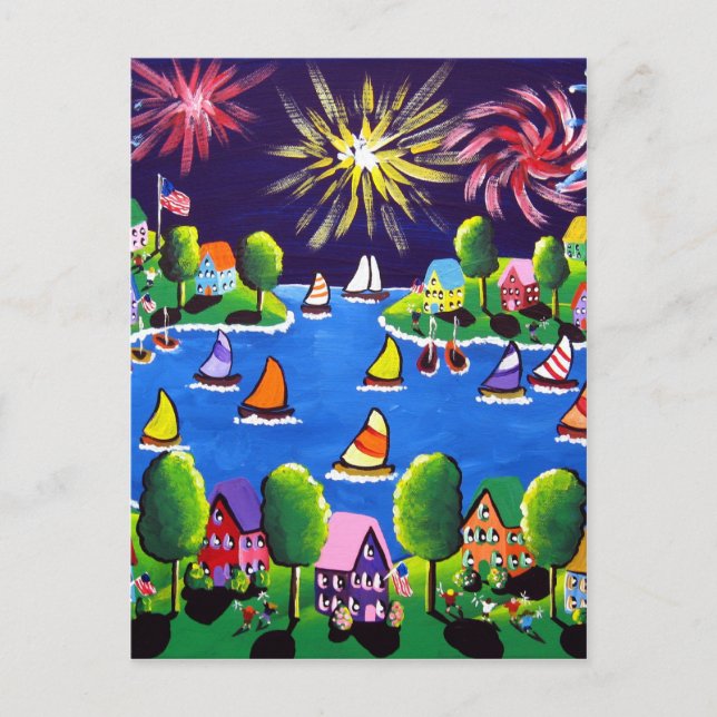 Fun Fireworks 4. Juli Folk Art Postkarte (Vorderseite)