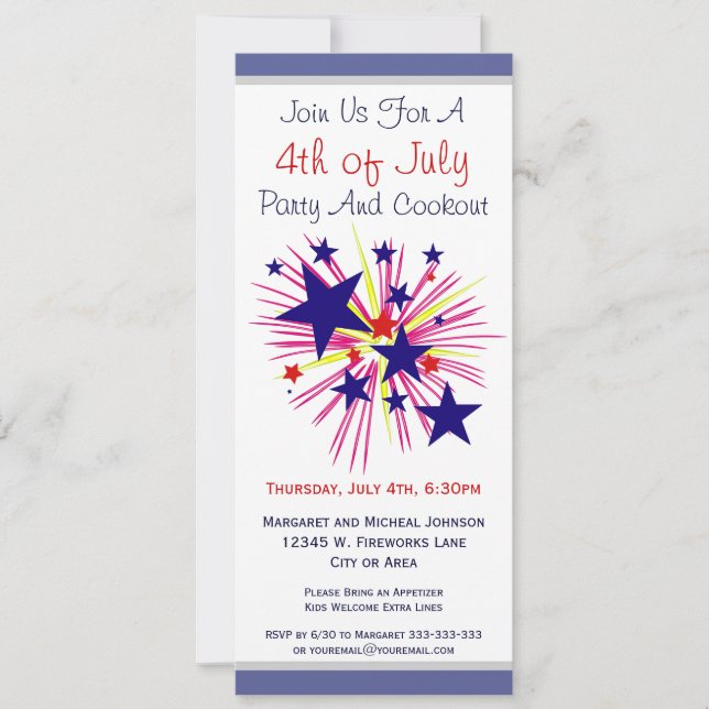 Fun Fireworks and Stars on White 4. Juli Party Einladung (Vorderseite)