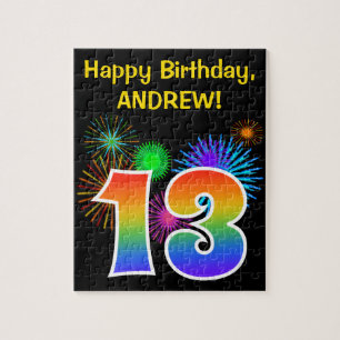 Fun Fireworks + Rainbow Pattern "13" Birthday #