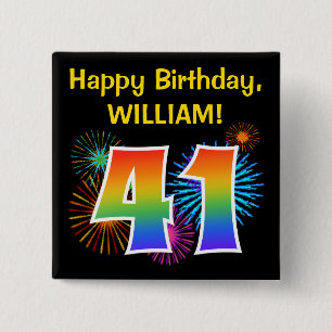Fun Fireworks + Rainbow Pattern "41" Birthday # Button