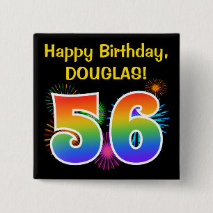 Fun Fireworks + Rainbow Pattern "56" Birthday # Button