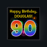 Fun Fireworks   Rainbow Pattern "90" Birthday # Button<br><div class="desc">This fun, vibrant button design features a colorful bursting celebratory fireworks inspired pattern, along with the number "90" having a multicolored rainbow like spectrum or gradient pattern. It also features a custom name and event message, such as a "Happy Birthday" birthday greeting. A button like this might be worn by...</div>