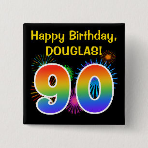 Fun Fireworks + Rainbow Pattern "90" Birthday # Button