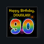 Fun Fireworks   Rainbow Pattern "90" Birthday # Button<br><div class="desc">This fun, vibrant button design features a colorful bursting celebratory fireworks inspired pattern, along with the number "90" having a multicolored rainbow like spectrum or gradient pattern. It also features a custom name and event message, such as a "Happy Birthday" birthday greeting. A button like this might be worn by...</div>