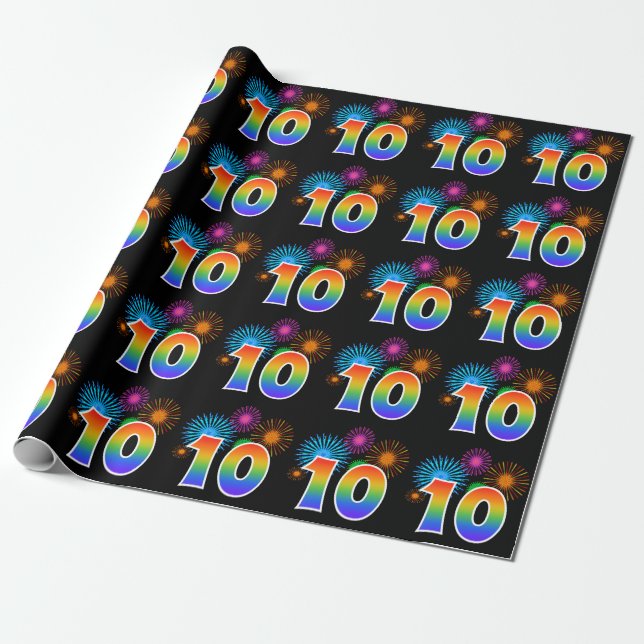 Fun Fireworks + Regenbogenmuster "10" Ereignisnumm Geschenkpapier (Ungerollt)