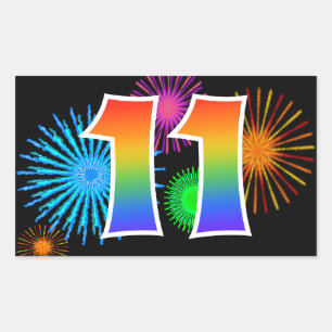 Fun Fireworks + Regenbogenmuster "11" Ereignisnumm Rechteckiger Aufkleber
