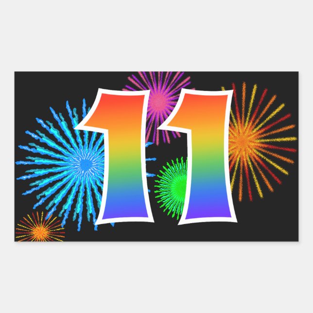 Fun Fireworks + Regenbogenmuster "11" Ereignisnumm Rechteckiger Aufkleber (Vorderseite)