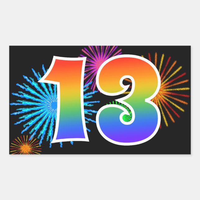 Fun Fireworks + Regenbogenmuster "13" Ereignisnumm Rechteckiger Aufkleber (Vorderseite)