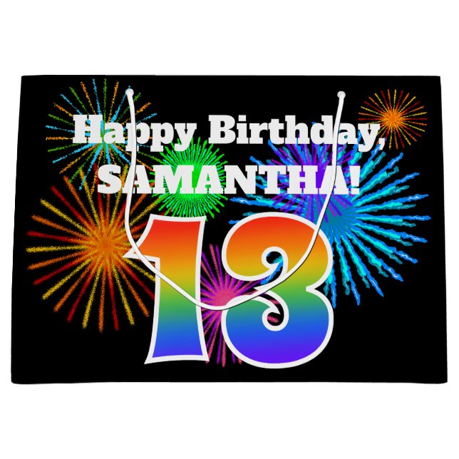 Fun Fireworks + Regenbogenmuster "13" Geburtstag # Große Geschenktüte (Vorderseite)