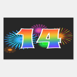 Fun Fireworks + Regenbogenmuster "14" Ereignisnumm Rechteckiger Aufkleber