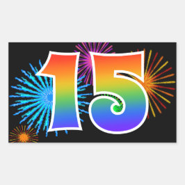 Fun Fireworks + Regenbogenmuster "15" Ereignisnumm Rechteckiger Aufkleber
