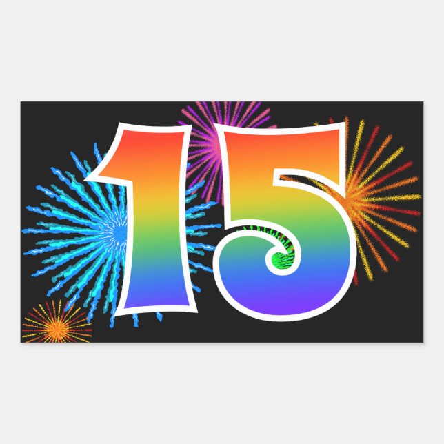 Fun Fireworks + Regenbogenmuster "15" Ereignisnumm Rechteckiger Aufkleber (Vorderseite)