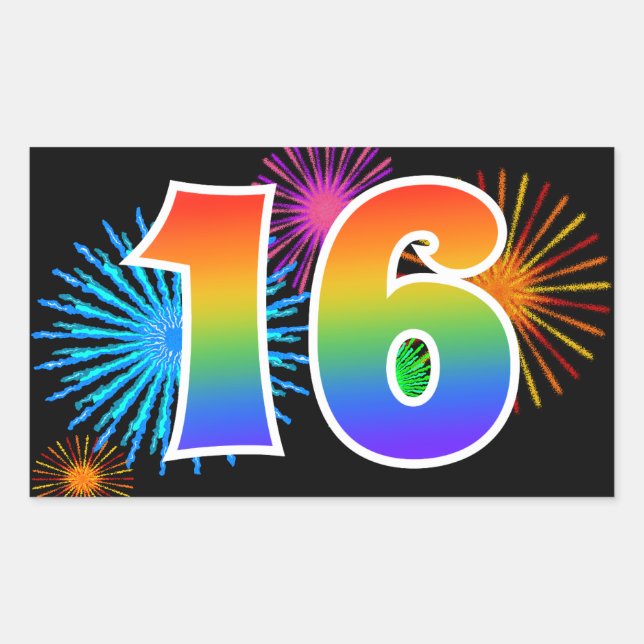 Fun Fireworks + Regenbogenmuster "16" Ereignisnumm Rechteckiger Aufkleber (Vorderseite)