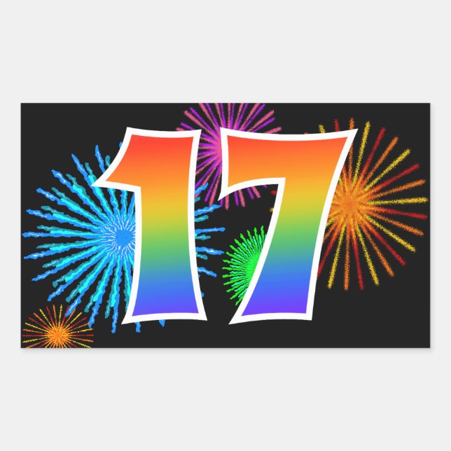 Fun Fireworks + Regenbogenmuster "17" Ereignisnumm Rechteckiger Aufkleber (Vorderseite)