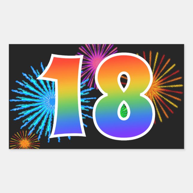 Fun Fireworks + Regenbogenmuster "18" Ereignisnumm Rechteckiger Aufkleber (Vorderseite)