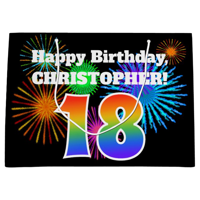 Fun Fireworks + Regenbogenmuster "18" Geburtstag # Große Geschenktüte (Vorderseite)