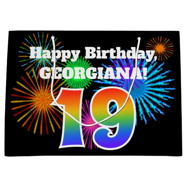 Fun Fireworks + Regenbogenmuster "19" Geburtstag # Große Geschenktüte (Vorderseite)