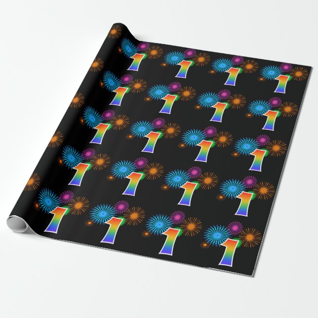 Fun Fireworks + Regenbogenmuster "1" Ereignisnumme Geschenkpapier (Ungerollt)