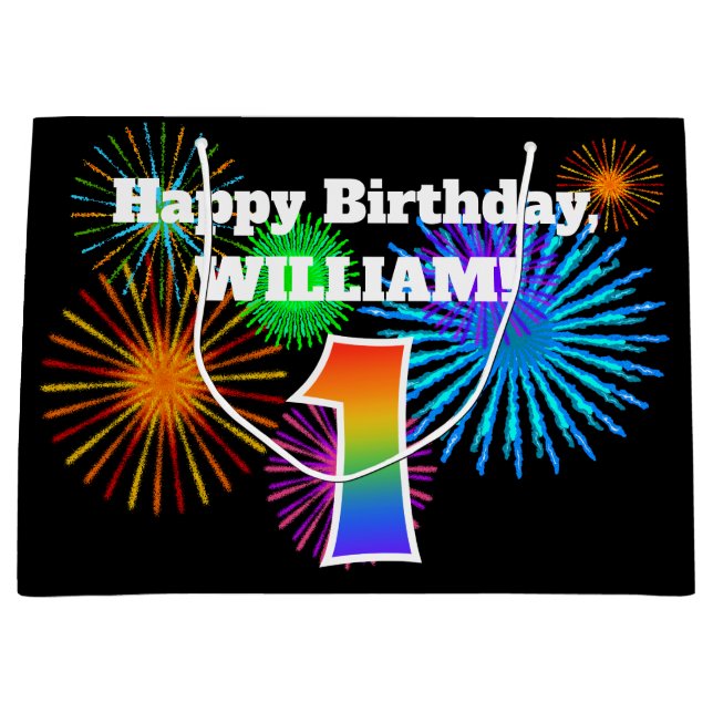 Fun Fireworks + Regenbogenmuster "1" Geburtstag # Große Geschenktüte (Vorderseite)