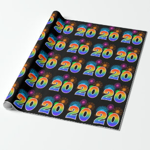 Fun Fireworks + Regenbogenmuster "20" Ereignisnumm Geschenkpapier