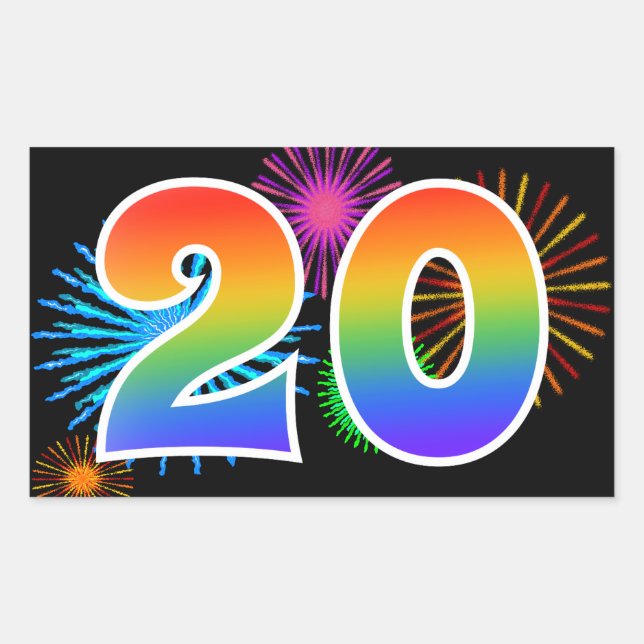 Fun Fireworks + Regenbogenmuster "20" Ereignisnumm Rechteckiger Aufkleber (Vorderseite)