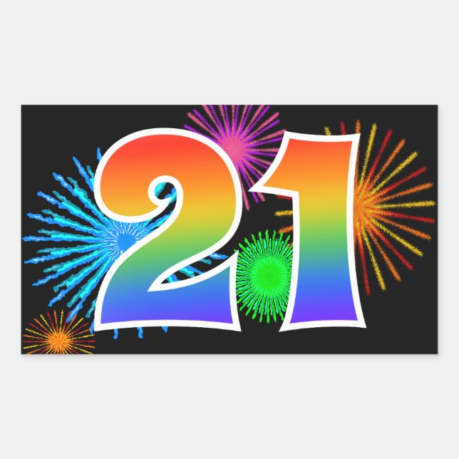 Fun Fireworks + Regenbogenmuster "21" Ereignisnumm Rechteckiger Aufkleber (Vorderseite)