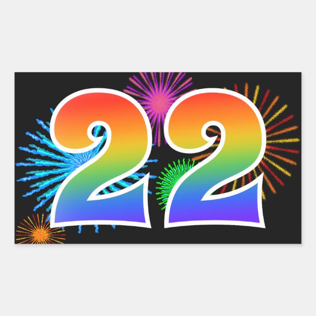 Fun Fireworks + Regenbogenmuster "22" Ereignisnumm Rechteckiger Aufkleber (Vorderseite)