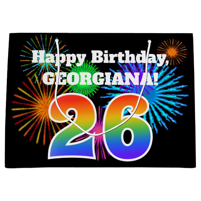 Fun Fireworks + Regenbogenmuster "26" Geburtstag # Große Geschenktüte (Vorderseite)