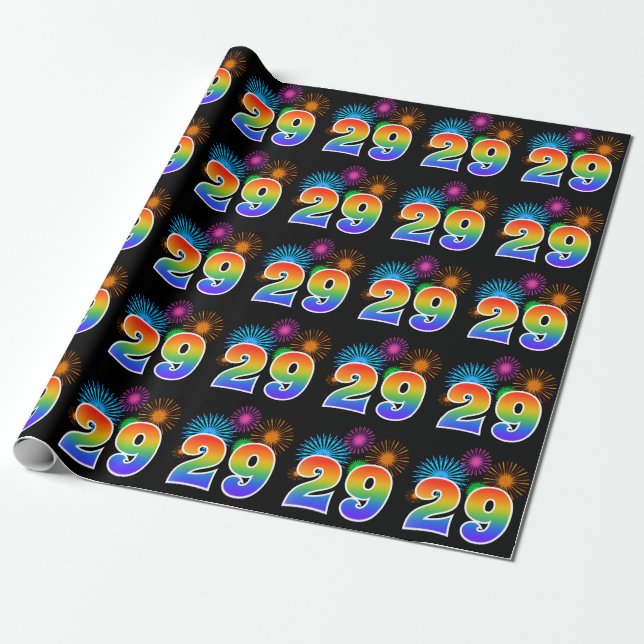 Fun Fireworks + Regenbogenmuster "29" Ereignisnumm Geschenkpapier (Ungerollt)
