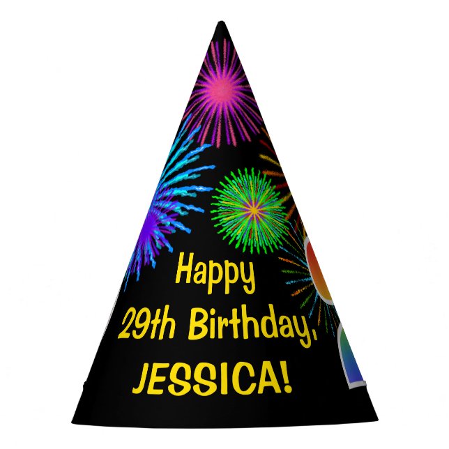 Fun Fireworks + Regenbogenmuster "29" Geburtstag # Partyhütchen (Vorderseite)