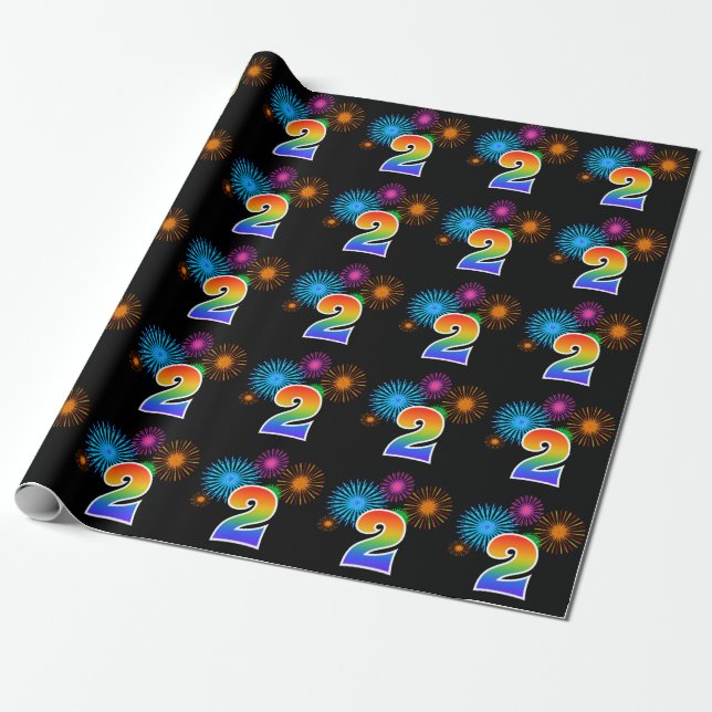 Fun Fireworks + Regenbogenmuster "2" Ereignisnumme Geschenkpapier (Ungerollt)