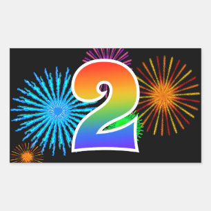 Fun Fireworks + Regenbogenmuster "2" Ereignisnumme Rechteckiger Aufkleber