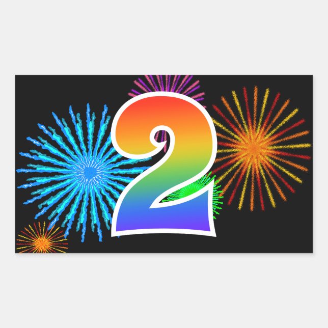 Fun Fireworks + Regenbogenmuster "2" Ereignisnumme Rechteckiger Aufkleber (Vorderseite)