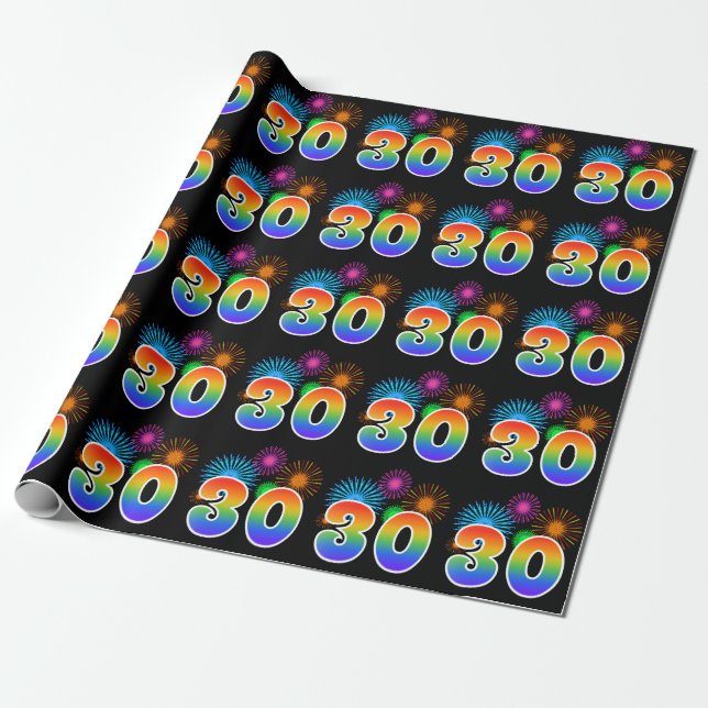 Fun Fireworks + Regenbogenmuster "30" Ereignisnumm Geschenkpapier (Ungerollt)