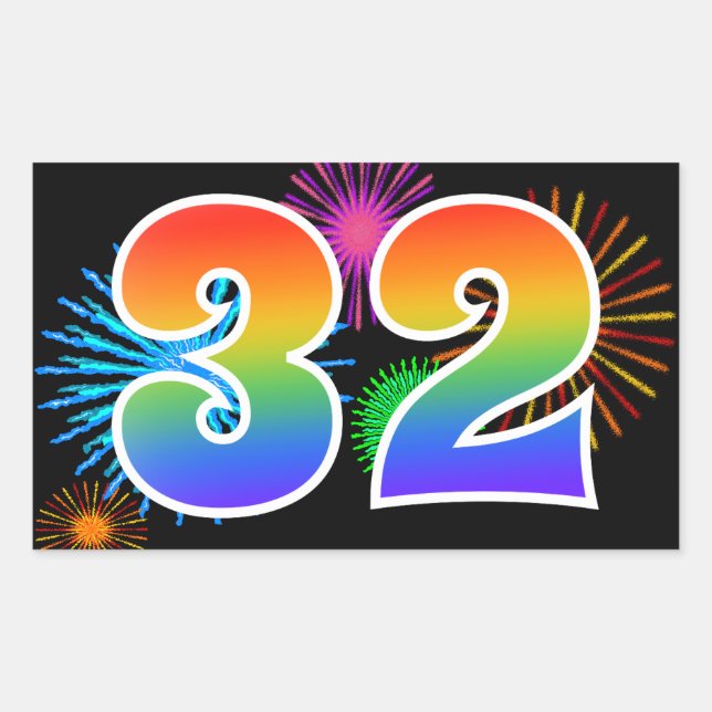 Fun Fireworks + Regenbogenmuster "32" Ereignisnumm Rechteckiger Aufkleber (Vorderseite)
