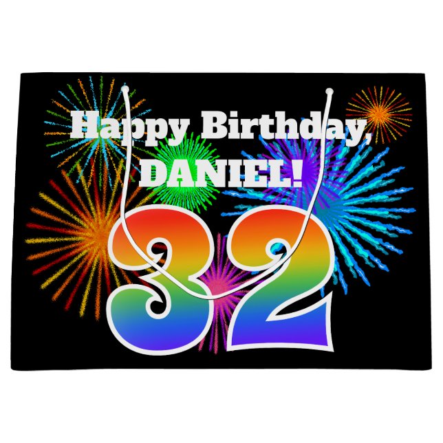 Fun Fireworks + Regenbogenmuster "32" Geburtstag # Große Geschenktüte (Vorderseite)