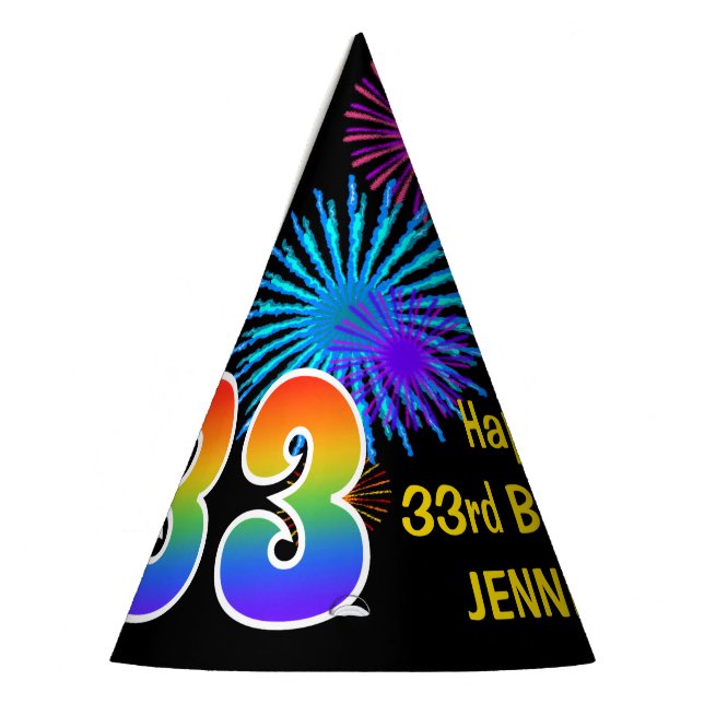 Fun Fireworks + Regenbogenmuster "33" Geburtstag # Partyhütchen (Links)