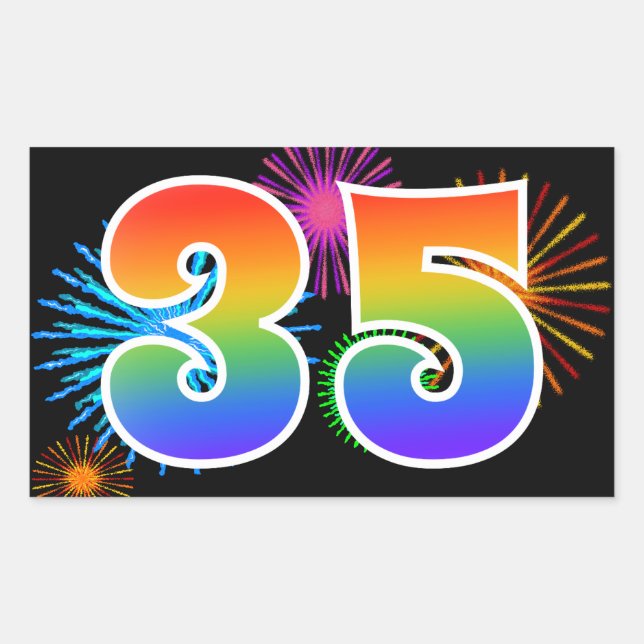 Fun Fireworks + Regenbogenmuster "35" Ereignisnumm Rechteckiger Aufkleber (Vorderseite)