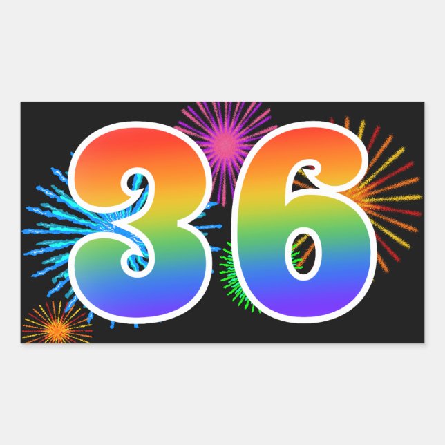 Fun Fireworks + Regenbogenmuster "36" Ereignisnumm Rechteckiger Aufkleber (Vorderseite)