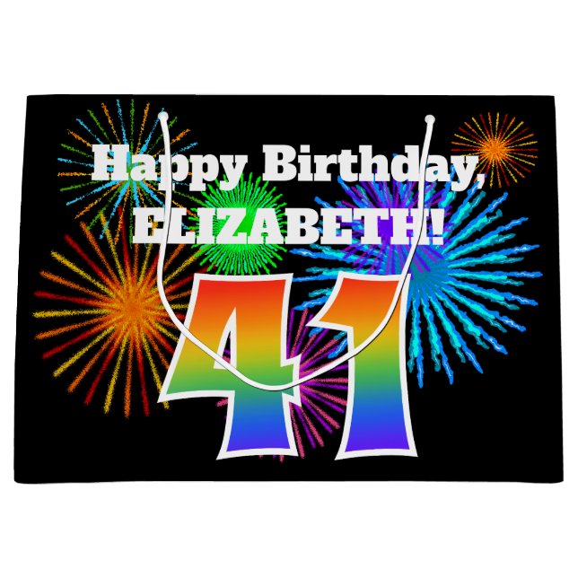 Fun Fireworks + Regenbogenmuster "41" Geburtstag # Große Geschenktüte (Vorderseite)