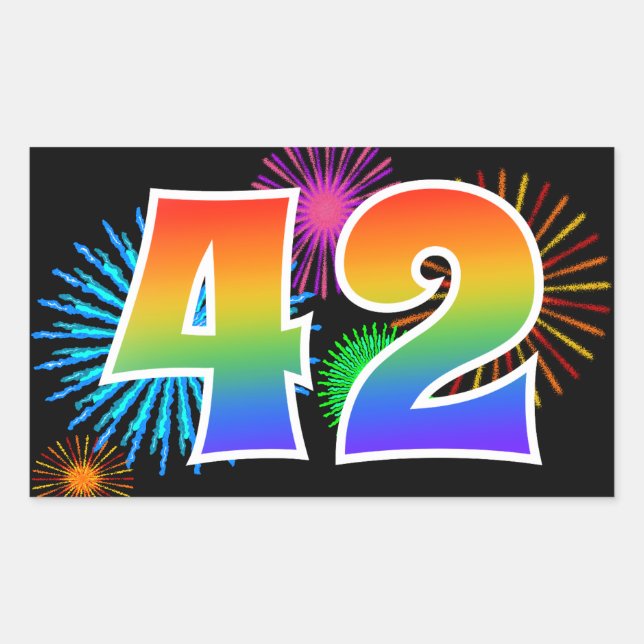 Fun Fireworks + Regenbogenmuster "42" Ereignisnumm Rechteckiger Aufkleber (Vorderseite)