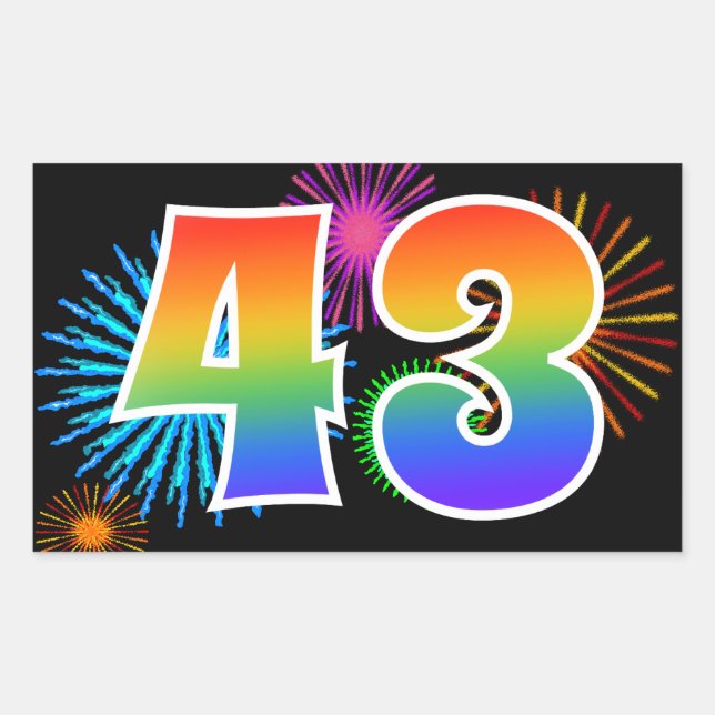 Fun Fireworks + Regenbogenmuster "43" Ereignisnumm Rechteckiger Aufkleber (Vorderseite)